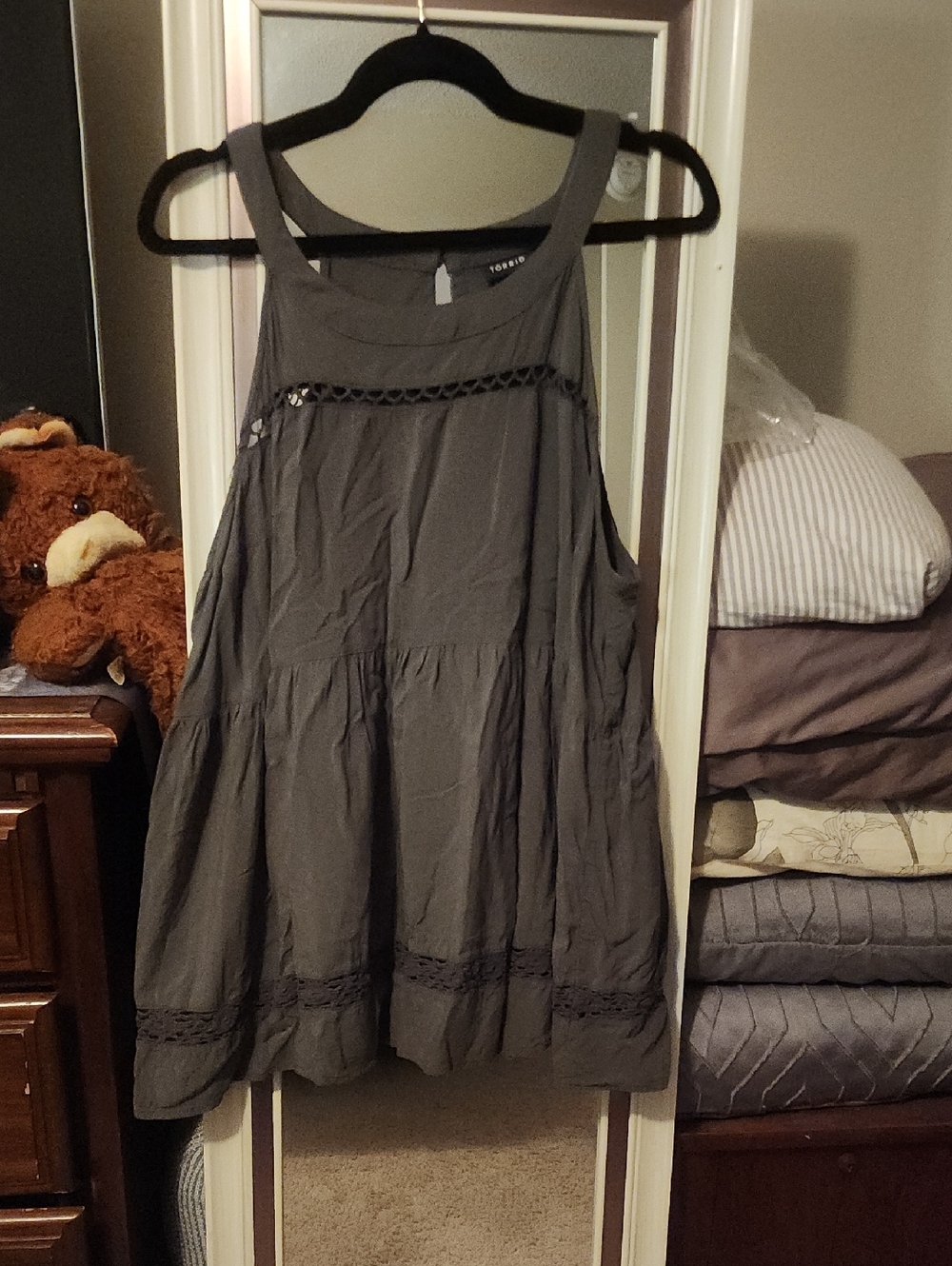 Army Green Sleeveless Babydoll Tank with Lace Trim